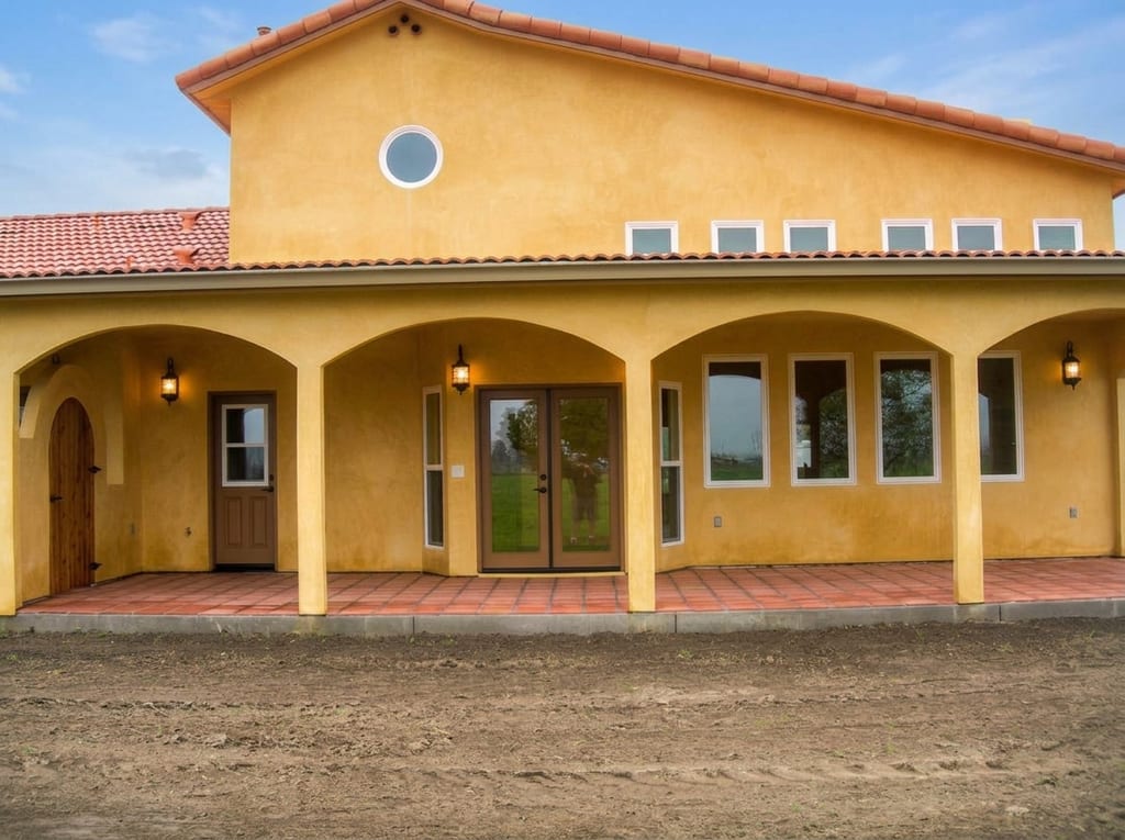 Chowchilla custom home completion: Completed arched colonnade patio with terracotta floor tiles