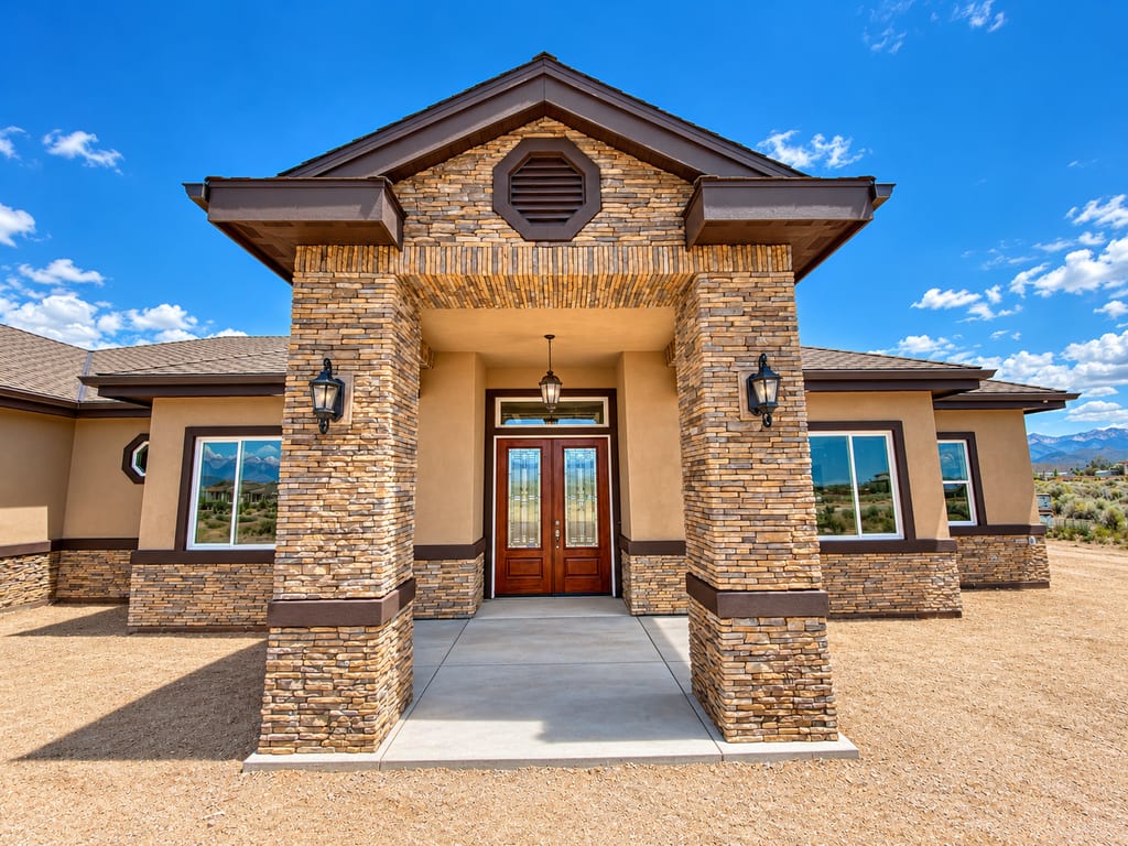 Custom two-story residence built by Wake Construction with stacked-stone portico and timber gable framing