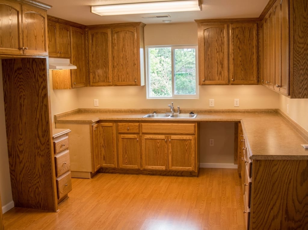 Garcia whole-house strip, foundation lift, and remodel: Completed solid-oak kitchen cabinetry and warm laminate wood flooring