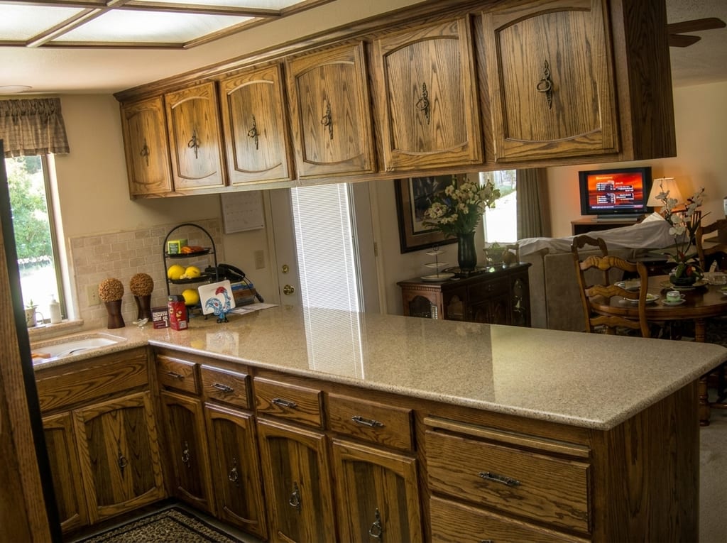Goddard solid-wood and granite kitchen: Subway tile backsplash, stainless appliances, and smooth drywall ceiling