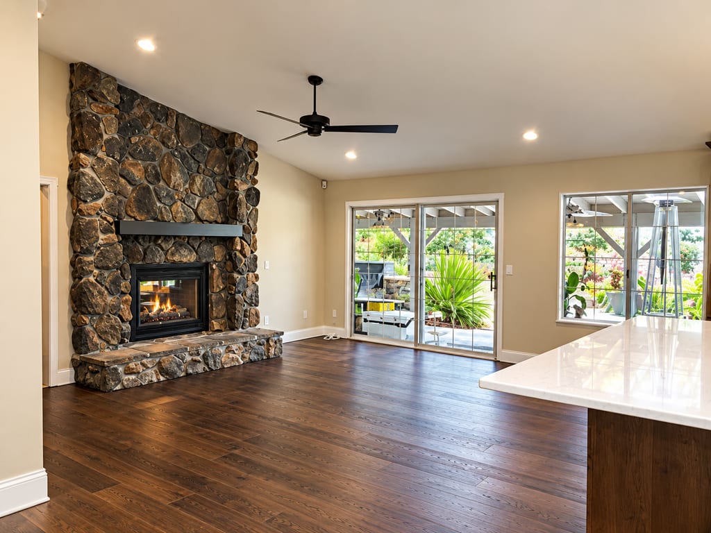 Whole-home structural remodel: Floor-to-ceiling river-rock fireplace and open vaulted great room