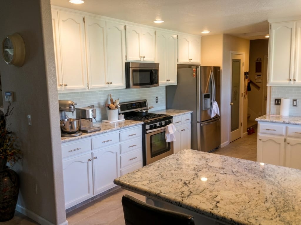 Kensy custom kitchen remodel: Stainless gas range, custom microwave cabinet, and subway tile backsplash
