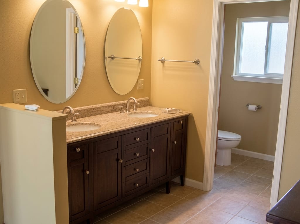 Master bathroom with a custom dual-sink vanity, granite countertop, dual mirrors and tile floor