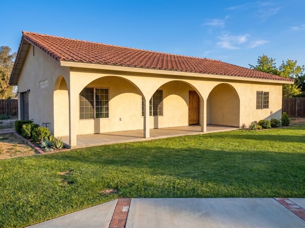Detached mother-in-law house: Detailed view of arched front porch and finished stucco facade