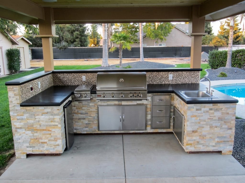 Covered stone outdoor kitchen: Laying stacked travertine ledger stone on island perimeter walls
