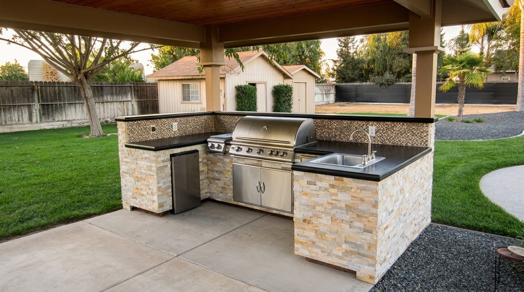 After: Covered stone outdoor kitchen and pavilion, completed by Wake Construction