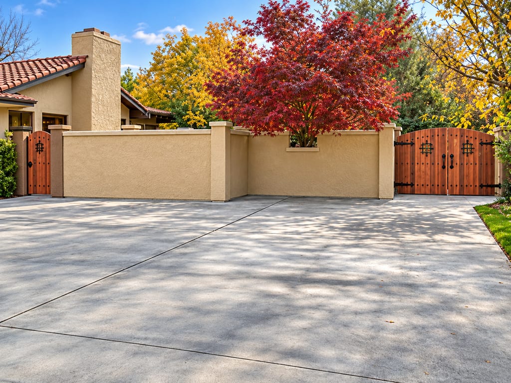 Tan stucco perimeter wall with capped pilasters and arched heavy-plank redwood gates with black iron strap hinges