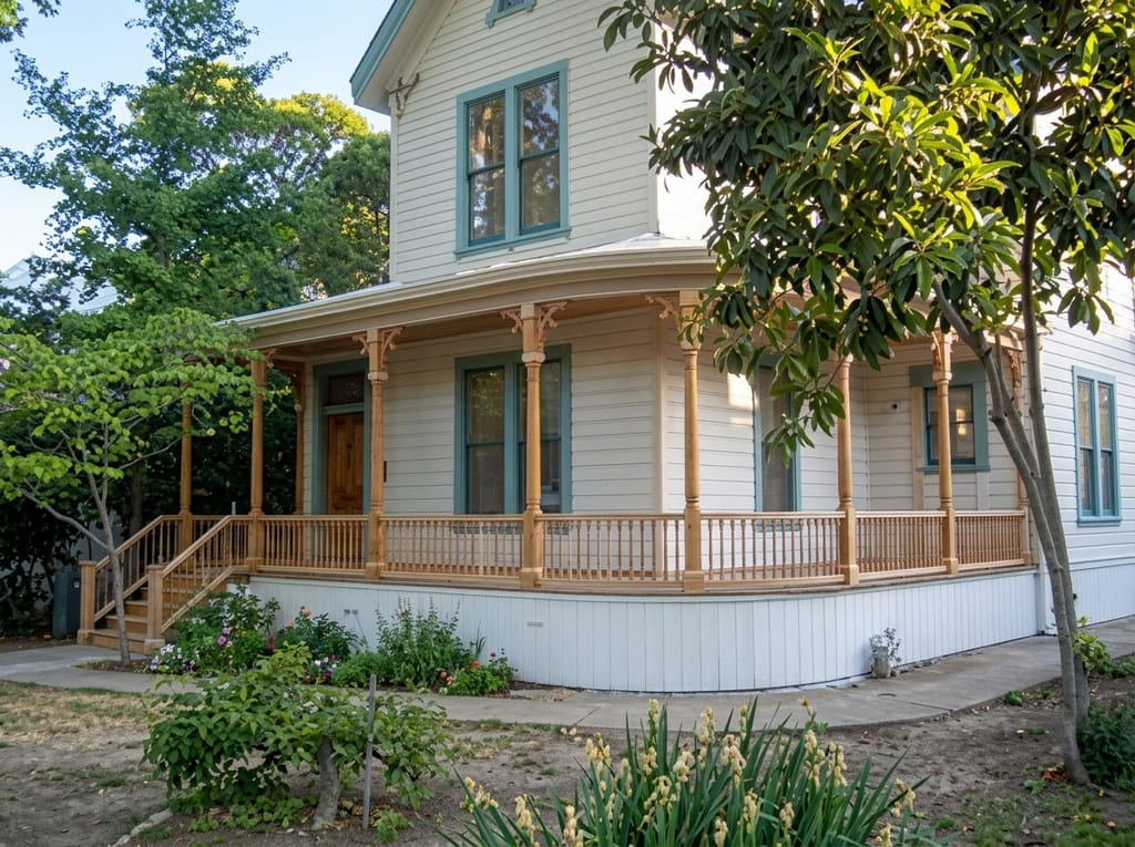 Restored Victorian front porch with turned columns and a spindled balustrade