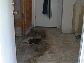 Guest bathroom stripped down to framing to remove extensive dry rot and water damage in the subfloor and shower surround