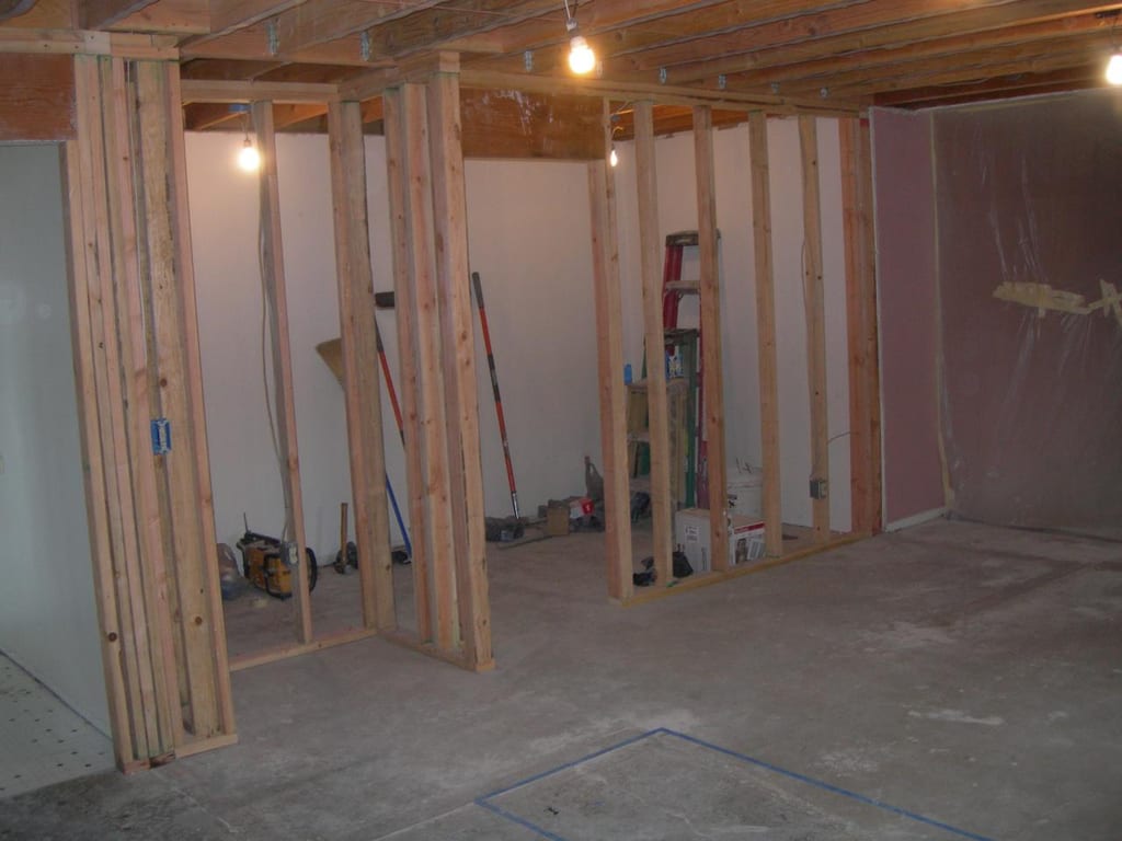 Benwell 1978 kitchen and foundation rebuild: Rough electrical wiring and framing for center kitchen island
